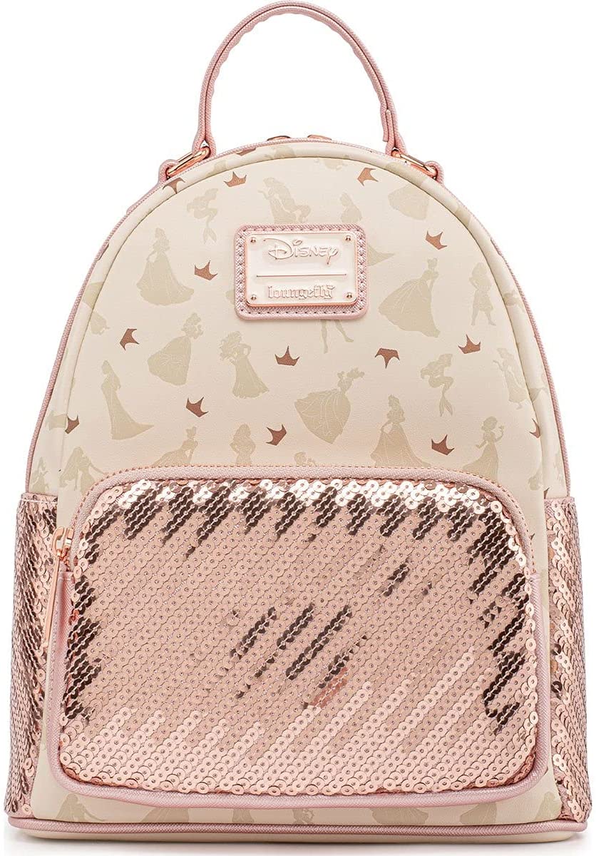 LOUNGEFLY Disney Ultimate Princesses All Over Print Sequin Womens Double Strap Shoulder Bag Purse