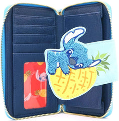 LOUNGEFLY Lilo and Stitch Pineapple Stitch Chenille Snap Wallet, Blue, Standard