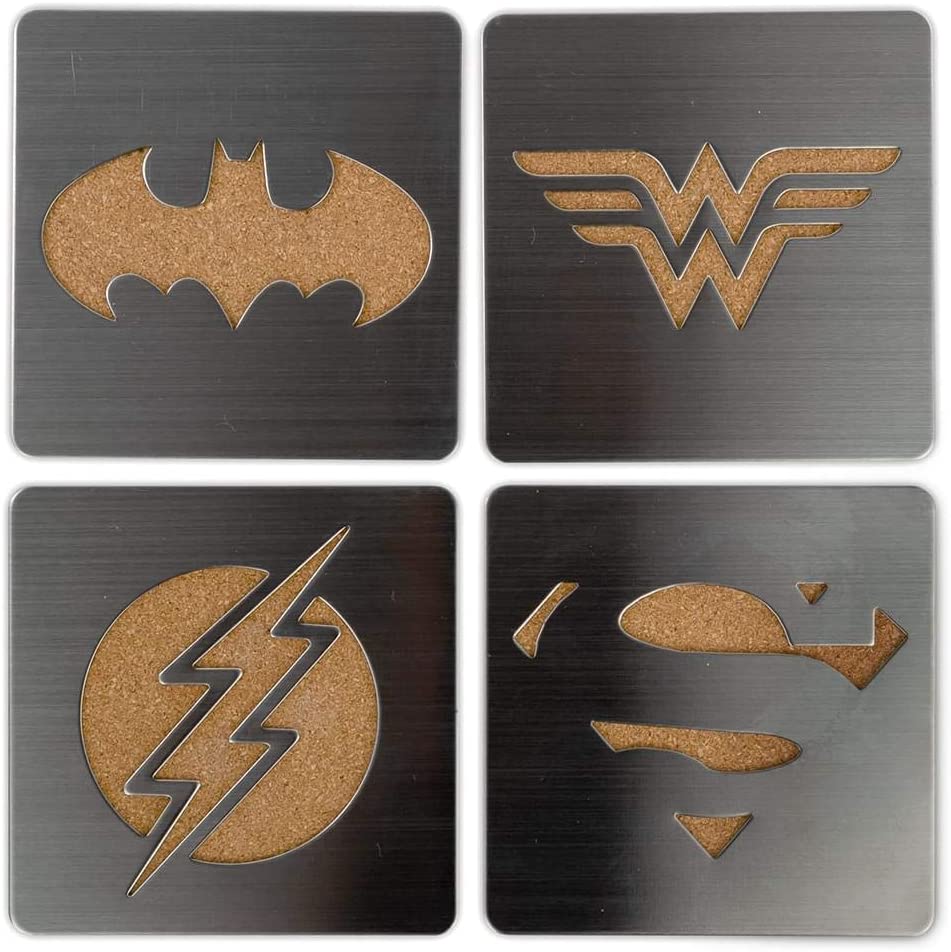 DC Comics Superhero Logo 4-Piece Coaster Set | Batman, Superman, Wonder Woman & The Flash Laser-Cut Justice League Logos