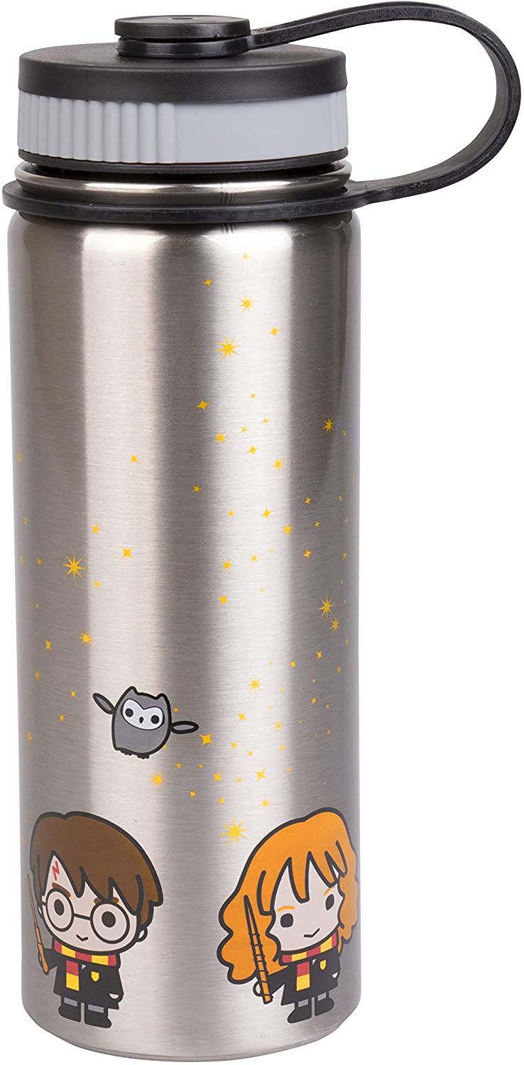 Harry Potter Stainless Steel Water Bottle - Steel with With Harry, Ron and Hermione Chibi Character Design - 550ml