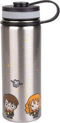 Harry Potter Stainless Steel Water Bottle - Steel with With Harry, Ron and Hermione Chibi Character Design - 550ml