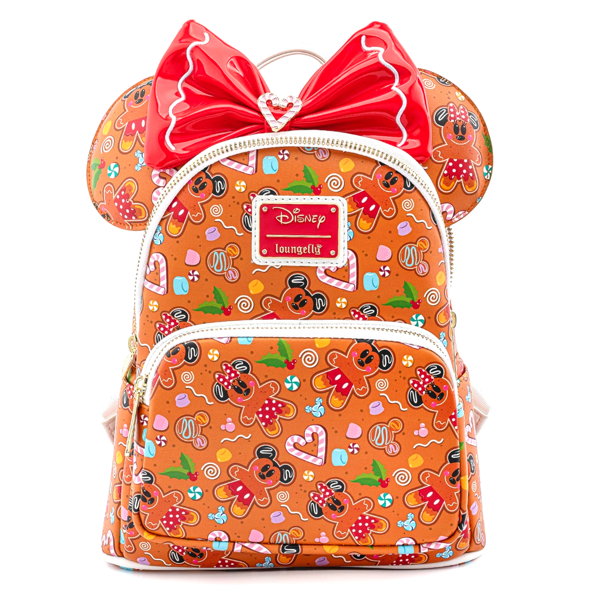 LOUNGEFLY Disney Christmas Gingerbread AOP Women's Double Strap Shoulder Bag Purse with Ears Headband